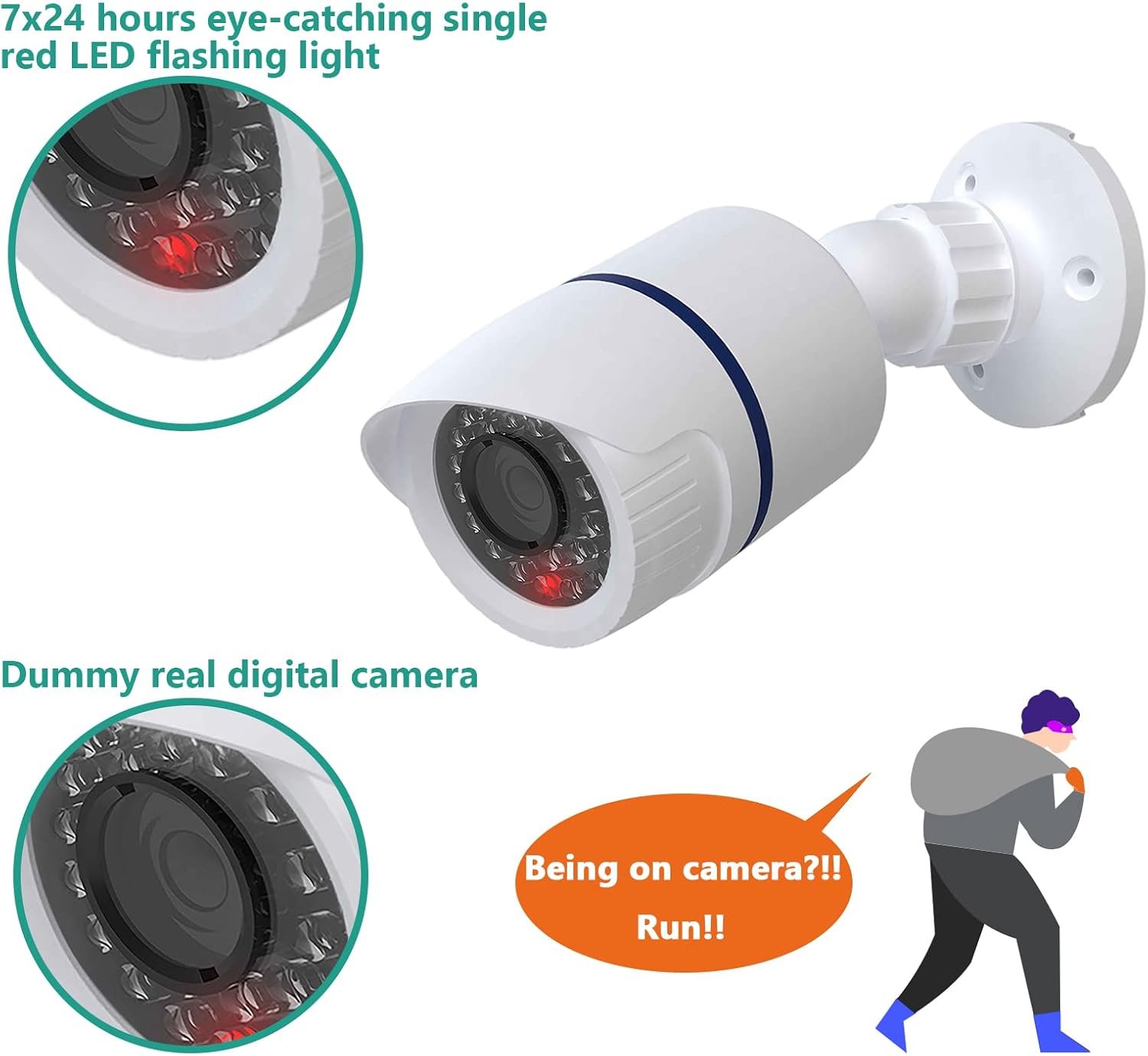 WALI Dummy Fake Camera, Surveillance Security CCTV Dome Camera, Indoor Outdoor Cameras, with One LED Light, Security Alert Sticker Decals (TC-W2), 2 Packs, White - Image 3