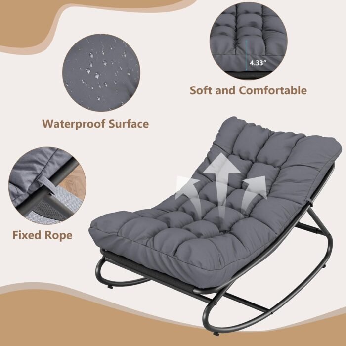 Rocking Chair with Thick Cushion, Outdoor Rocking Chair with Metal Frame, Adjustable Swing Range and Fixed Rope, Waterproof Cushion for Patio, Garden, Backyard and Poolside. - Image 6