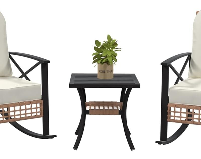 Patio Furniture Set 3 Piece, Rattan Rocking Bistro Table and Chairs Set of 2, Wicker Outdoor Indoor Conversation Set with Soft Thick Cushions and 2-tier Coffee Table for Balcony, Lawn, Backyard