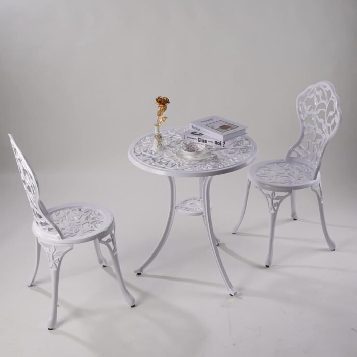 KAILI Patio Bistro Sets 3 Piece cast Aluminum Patio Furniture Outdoor Garden Metal Rust Proof Tables and Chairs White bisrto Set (Leaf-White) - Image 3