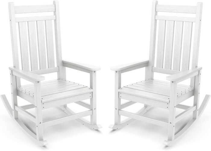 SERWALL Outdoor Rocking Chair, HDPE Rocking Chair for Adults, All Weather Porch Rockers for Lawn Garden, White