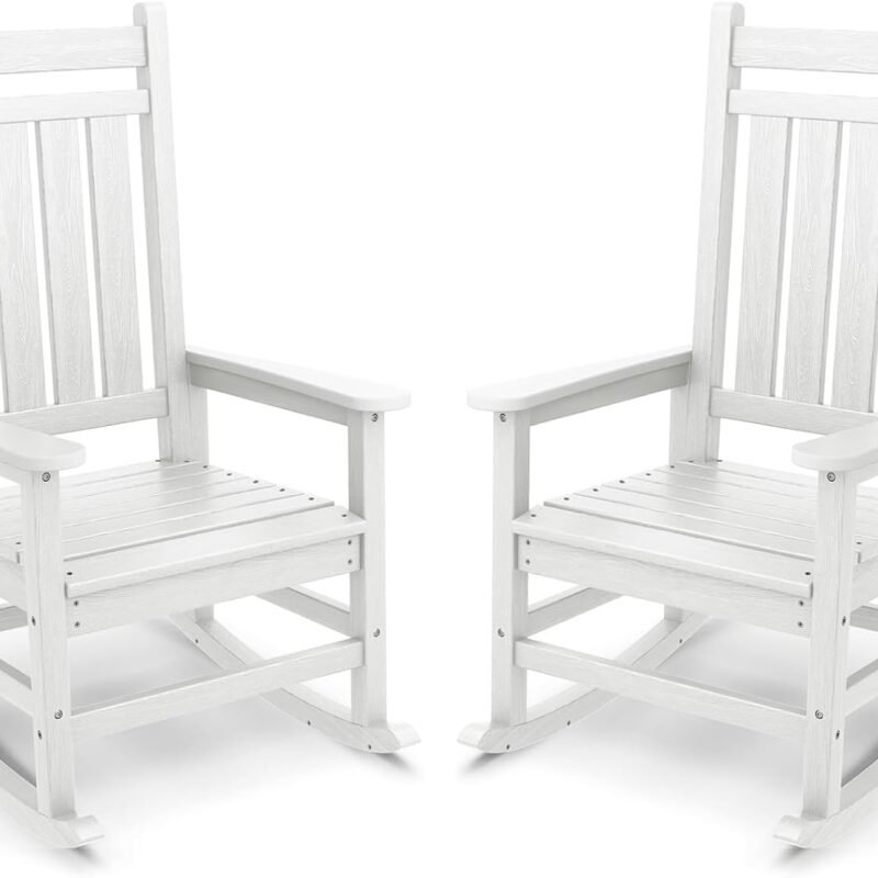 SERWALL Outdoor Rocking Chair, HDPE Rocking Chair for Adults, All Weather Porch Rockers for Lawn Garden, White