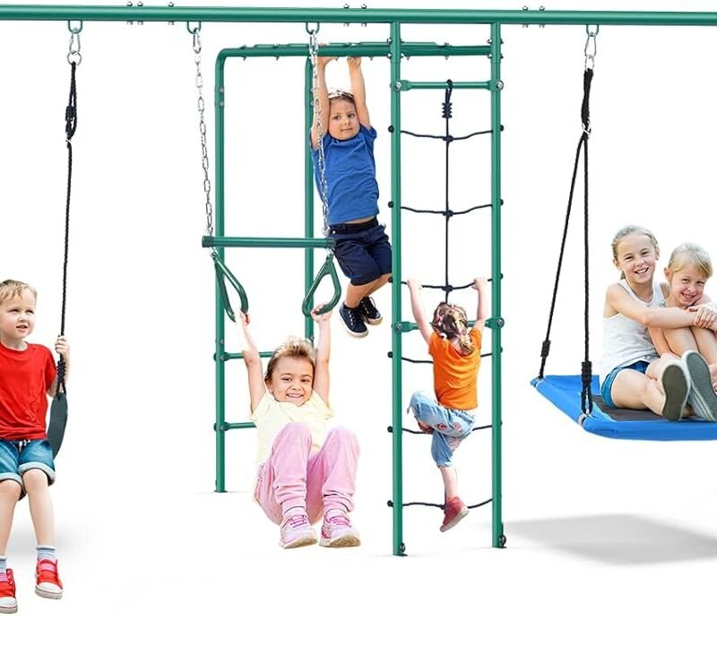 Hapfan Swing Sets for Backyard with Monkey Bars, Belt Swing, Platform Swing, Climbing Net, Trapeze Bar, Outdoor Playset for Kids