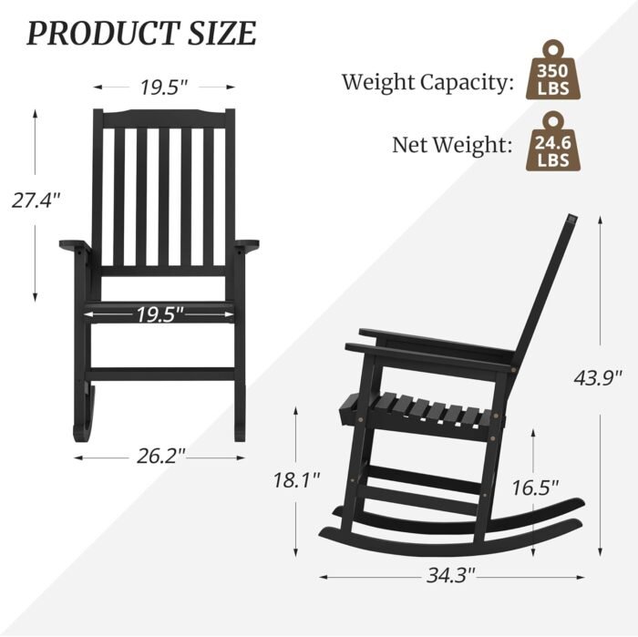 Oversized Outdoor Rocking Chairs Set of 2, All Weather Resistant Wooden Rocker with High Back and Wide Seat, Heavy Duty 350 lbs Patio Chair for Backyard, Porch, Garden, Black - Image 2