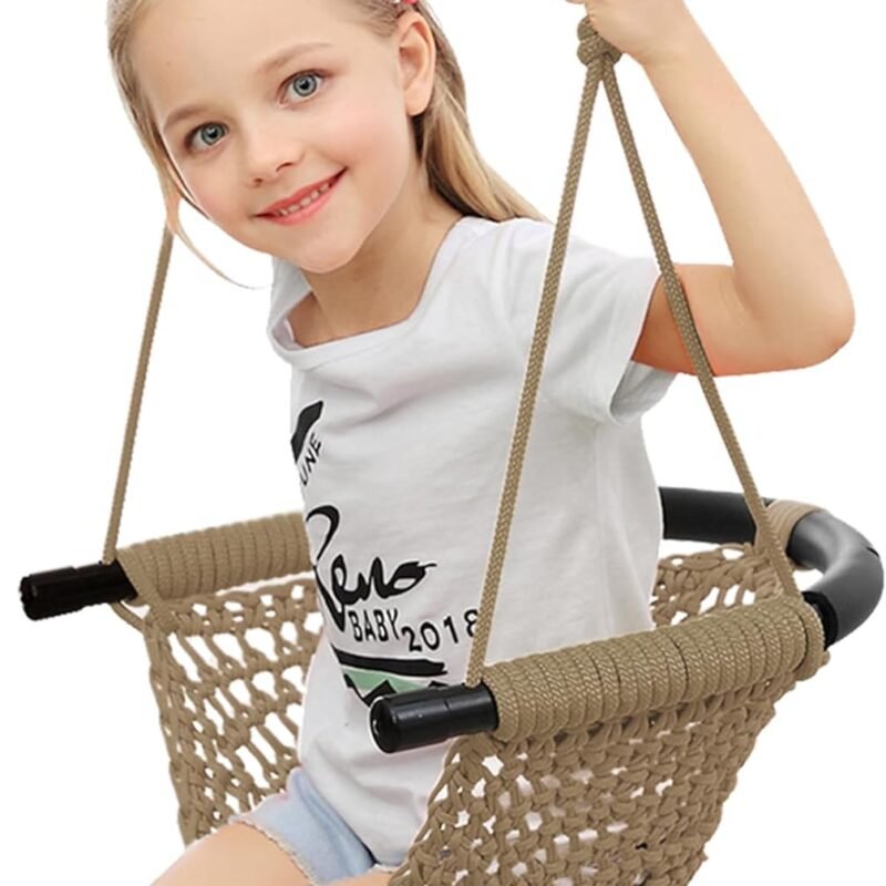 Hand-Knitting Toddler Swing, Swing Seat for Kids with Adjustable Ropes, Little tikes Swings Set, for Outdoor Indoor, Playground, Backyard (Light Brown)