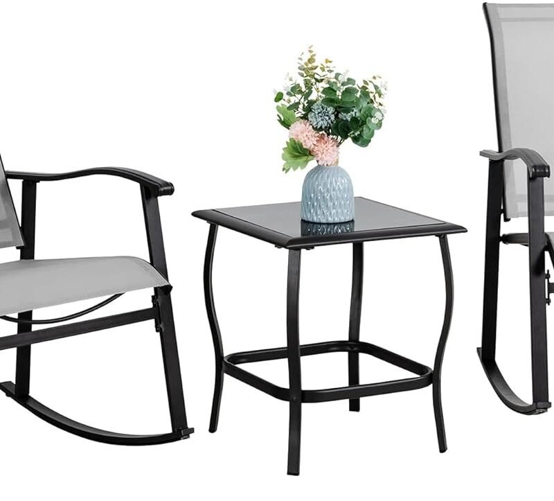 Vongrasig 3 Piece Outdoor Rocking Bistro Set, Textilene Fabric Small Patio Furniture Set, Front Porch Rocker Chairs Conversation Set with Glass Table for Lawn, Garden, Balcony, Poolside (Light Gray)