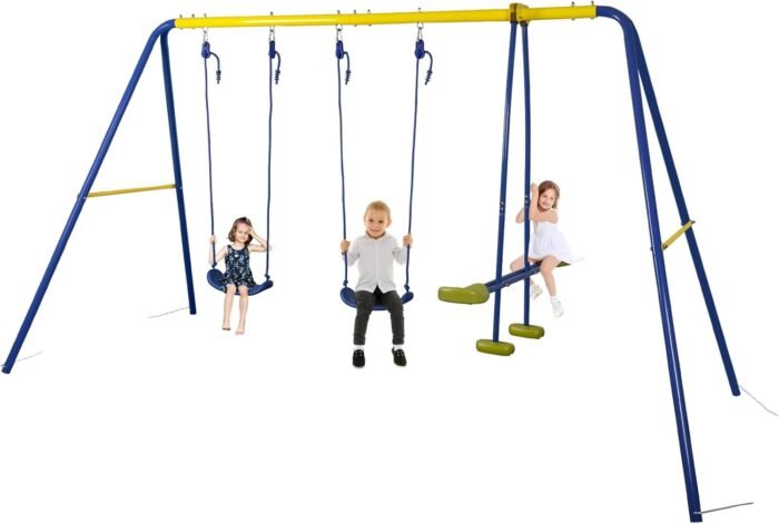 HLC Metal Kids Garden Swing Set with Glider for Toddler Heavy-Duty A-Frame with 2 Seats and 1 Swing Glider for Outdoor Backyard, Ages 3-10, Hold up to 440lbs