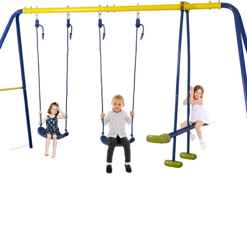 HLC Metal Kids Garden Swing Set with Glider for Toddler Heavy-Duty A-Frame with 2 Seats and 1 Swing Glider for Outdoor Backyard, Ages 3-10, Hold up to 440lbs
