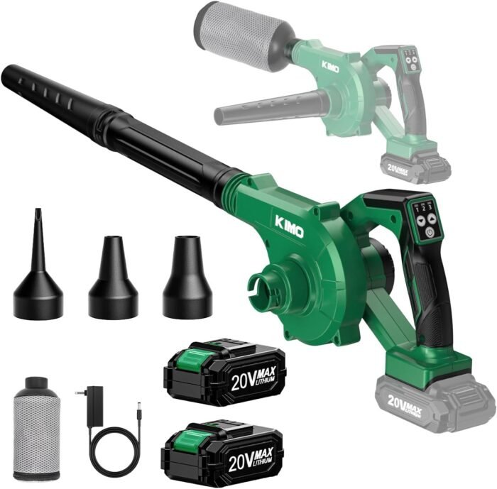 K I M O. Cordless Leaf Blower and Vacuum Combo 4 in 1, 3 Nozzles for Inflation and Deflation, 190MPH, Control Panel with 3 Speeds, 20" Extended Tube, 2 Pack Battery Powered Leaf Blowers for Lawn Care