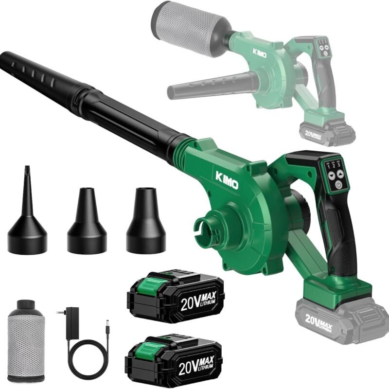 K I M O. Cordless Leaf Blower and Vacuum Combo 4 in 1, 3 Nozzles for Inflation and Deflation, 190MPH, Control Panel with 3 Speeds, 20" Extended Tube, 2 Pack Battery Powered Leaf Blowers for Lawn Care