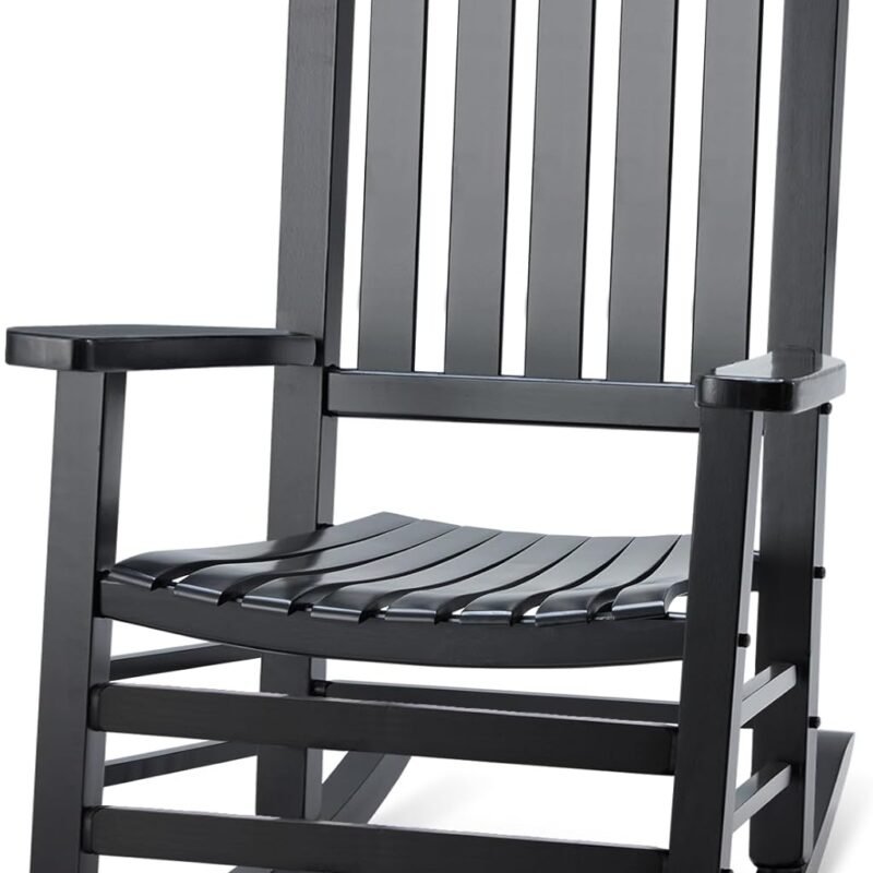 Wood Outdoor Rocking Chair, Oversized Patio Rocking Chair w/400lbs Support & High Backrest | Porch, Lawn, Garden, Backyard, Outdoor, Indoor, Black
