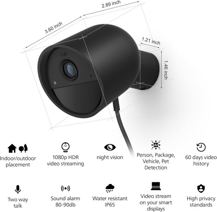 Philips Hue Secure Wired Smart Home Security Camera, Black - 1 Pack - 1080P HD Video - Night Vision - Motion Detection - Two-Way Talk - Indoor/Outdoor - Weatherproof - Works with Hue App - Image 2
