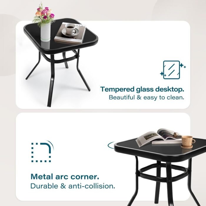 SOLAURA 3-Piece Outdoor Rocking Chairs Bistro Set, Black Iron Patio Furniture with Gray Thickened Cushion & Glass-Top Coffee Table - Image 6