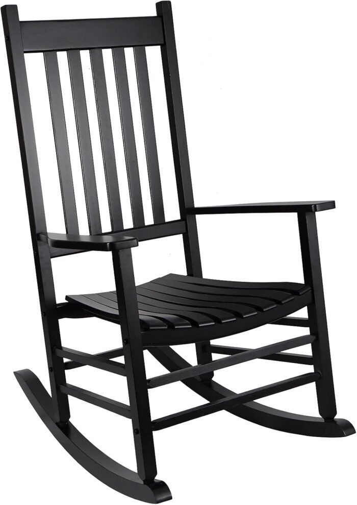 Patio Rocking Chair, Outdoor Rocking Chair, Wood Porch Rocker, Wooden Rocking Chair for Adult for Garden, Lawn, Balcony, Backyard and Patio (1 Black)