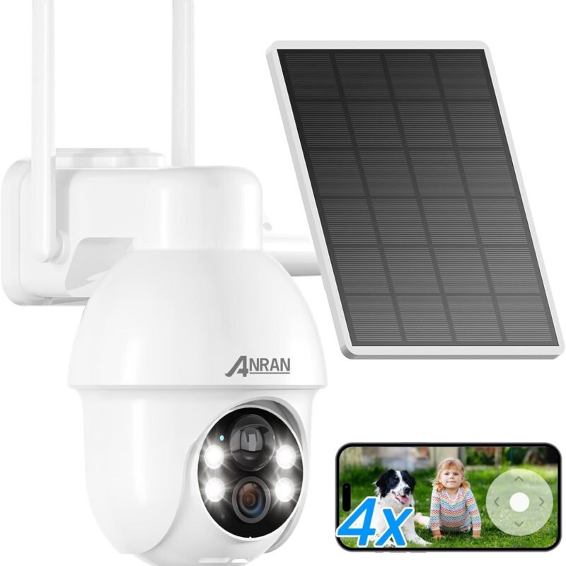 ANRAN Solar Camera Security Outdoor, 100% Wireless 2.4GHz WiFi Camera for Home Security with Solar Panel, 360° Panoramic View, PIR Motion Detection, 2K Color Night Vision, Works with Alexa