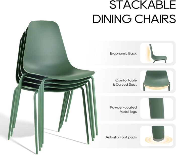 Outdoor Dining Chairs Set of 4, Plastic Stackable Patio Chairs, Modern Kitchen Cafe Chairs with Metal Legs for Garden/Balcony/Bistro/Dining Room, Green - Image 7