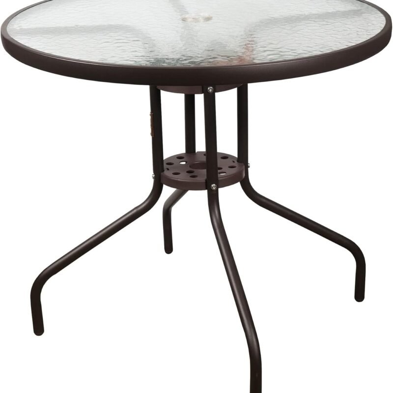 Garden Elements Outdoor Patio Furniture, Round Dining Table, Steel Base and Rim with Water-Wave Glass Top, Brown, 31.5"