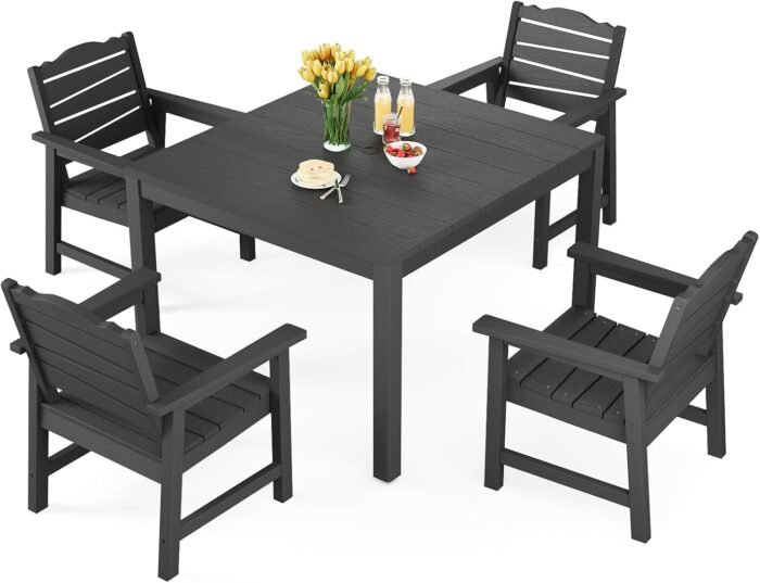5-Piece Patio Dining Sets, Outdoor Dining Table w/Aluminum Frame and 4 Chairs, Weatherproof HIPS Dining Furniture Set with Umbrella Hole, for Backyard, Garden, Lawn, and Poolside, Black - Image 8