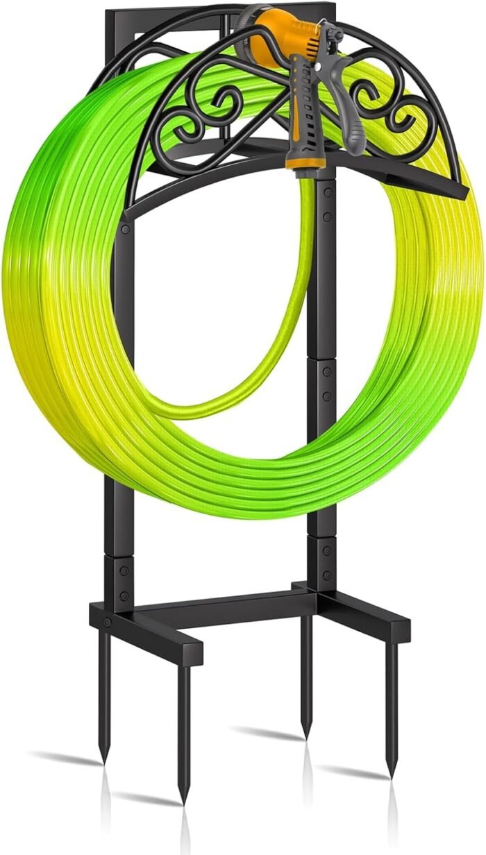 biguphate 2025 Garden Hose Holder Outside, Heavy Duty Water Hose Storage with 4 Spikes, Metal Yard Hose Hanger for 150FT Hose, Durable Lawn Hose Reel Rack