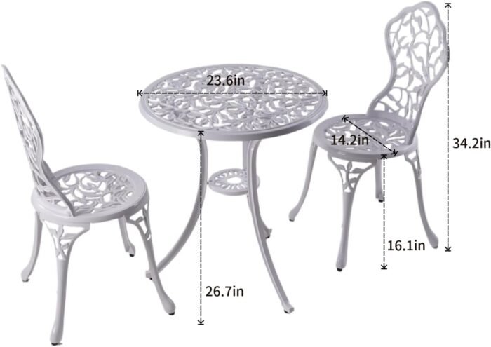 KAILI Patio Bistro Sets 3 Piece cast Aluminum Patio Furniture Outdoor Garden Metal Rust Proof Tables and Chairs White bisrto Set (Leaf-White) - Image 2