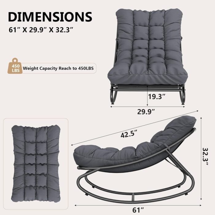 Rocking Chair with Thick Cushion, Outdoor Rocking Chair with Metal Frame, Adjustable Swing Range and Fixed Rope, Waterproof Cushion for Patio, Garden, Backyard and Poolside. - Image 2