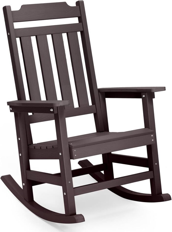 Rocking Chair, All Weather Resistant Poly Lumber Outdoor Porch Rocker, Rocking Chairs for Outdoor, Indoor, Patio, Deck, Garden, Backyard, Load Bearing 380 lbs - Brown