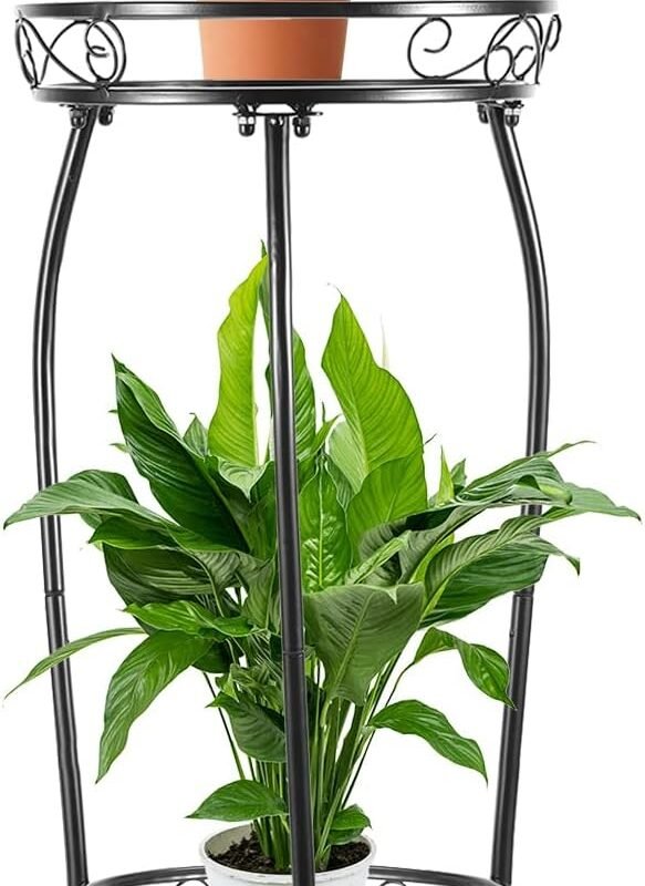 Plant Stand Indoor Outdoor 2 Tier 27" Tall Metal Potted Holder Rack Flower Pot Stand Heavy Duty Plant Shelf Rustproof Iron Multiple Plant Round Supports Rack for Planter Corner Garden Balcony Patio
