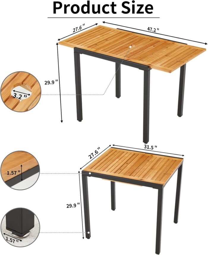 ECOTOUGE Expandable Outdoor Dining Tables,31"-47", Patio Rectangle Table with Umbrella Hole for 4-6 Person, Space-Saving Fir Wood Patio Furniture for Backyard, Garden, Natural - Image 7