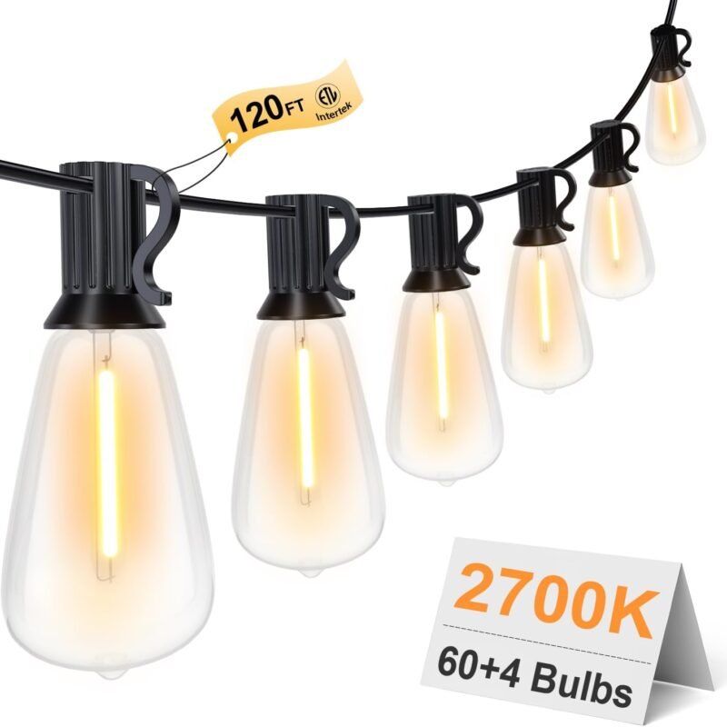 GPATIO 120FT Outdoor String Lights, Waterproof Patio Lights with 64 Hanging Lights ST38 Bulbs, 2700k Shatterproof for Backyard Gazebo Porch Garden Outside Decor