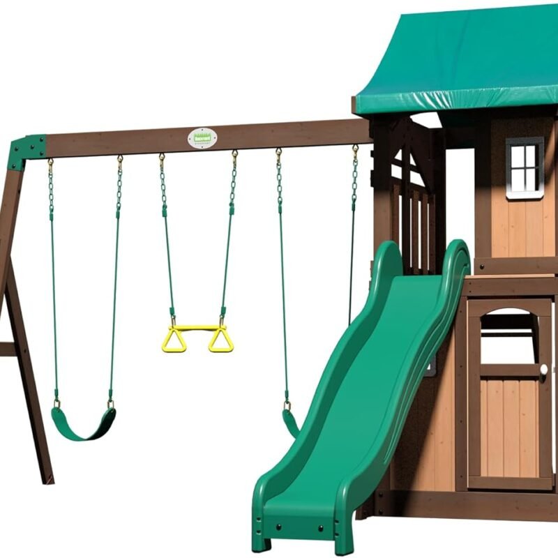 Backyard Discovery Lakewood Cedar Wood Swing Set with Wave Slide, Clubhouse, Playhouse, Snack Bar Window, Picnic Area, Belt Swings, Trapeze, Full Front Door, Windows, Step Ladder, Outdoor Playset