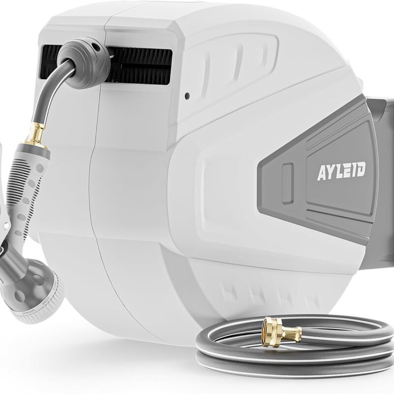 Ayleid Retractable Garden Hose Reel,5/8 in x 100 FT Wall Mounted Hose Reel, with 9- Function Sprayer Nozzle, Any Length Lock/Slow Return System/Wall Mounted/180°Swivel Bracket (Grey)