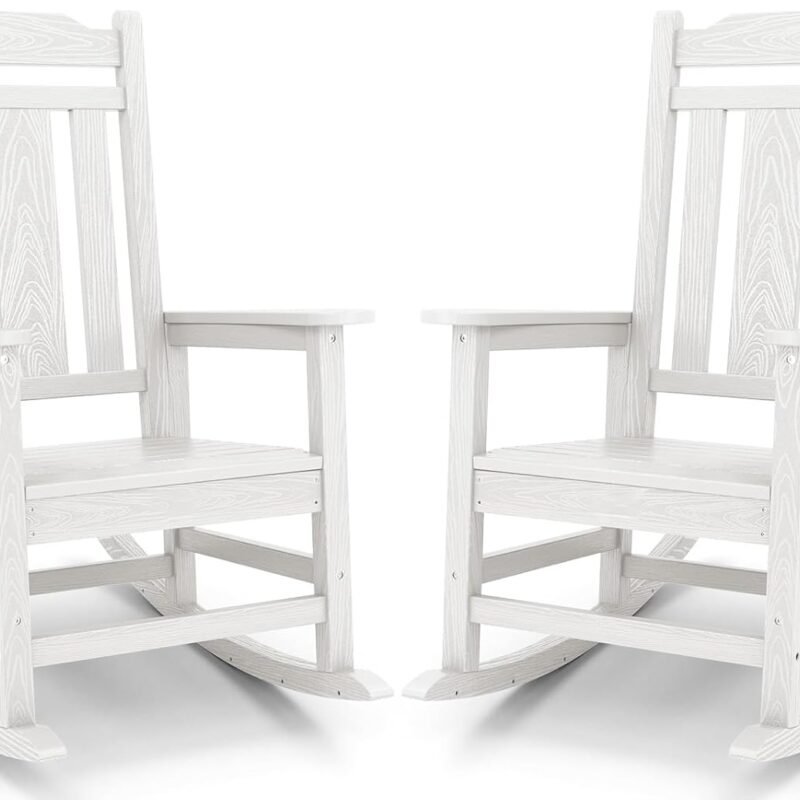 SERWALL White Outdoor Rocking Chair Set of 2, HDPE Outdoor Rocker