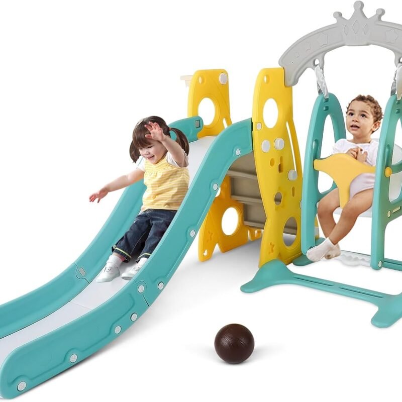 4 in 1 Toddler Swing and Slide Set for Age 1-12 Indoor Playground for Children Baby Swing Set with Slide, Climber, Basketball Hoop and Long Slide for Boys and Girls