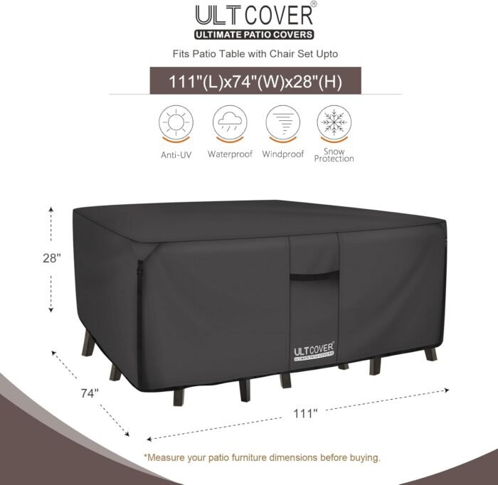 ULTCOVER 600D Tough Canvas Heavy Duty Rectangular Patio Table and Chair Cover - Waterproof Outdoor General Purpose Furniture Covers 111 x 74 inch, Black - Image 2