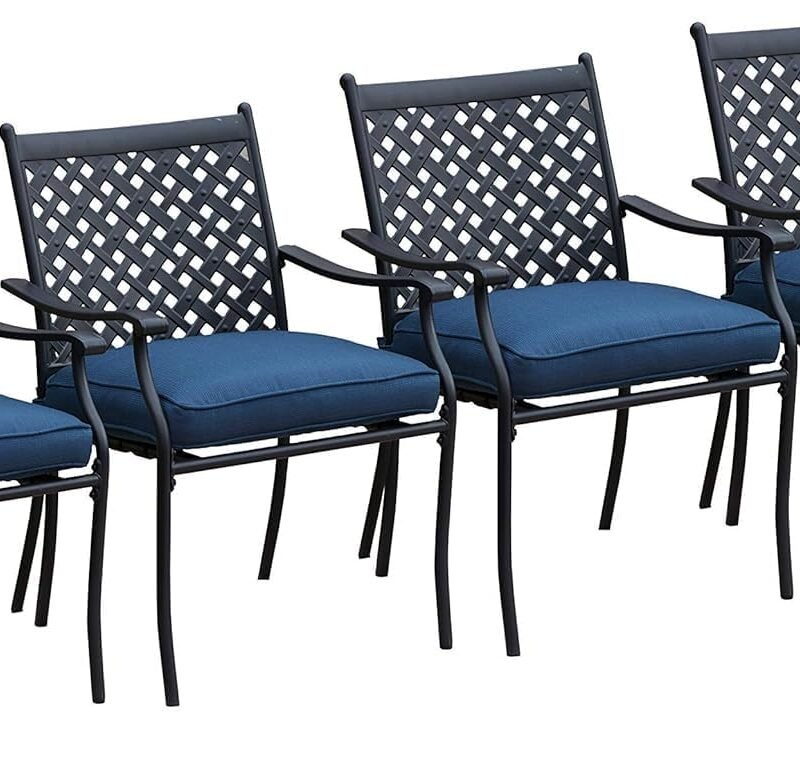 LOKATSE HOME 4 Piece Outdoor Dining Set - Wrought Iron Patio Metal Chairs with Armrest and Cushions for Garden Poolside Backyard, Blue