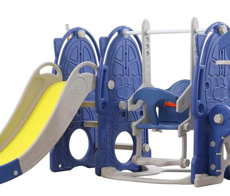 UNICOO® Toddler Slide and Swing Set, Indoor & Outdoor Toys for Toddlers 3+ w/Basketball Hoop, Toddler Slide Playset, Kids Swing Playground Combination for Boys & Girls (8 in 1 - Dark Blue)