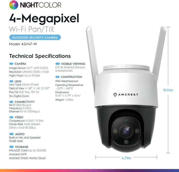 Amcrest 4MP Outdoor PT WiFi IP Camera Pan Zoom (Digital 16x) SmartHome WiFi Camera Security Speed Dome, Motorized Tilt, 98ft Nightcolor, (2.4Ghz), 107º FOV, IP66, 4MP, ASH47-W - Image 8
