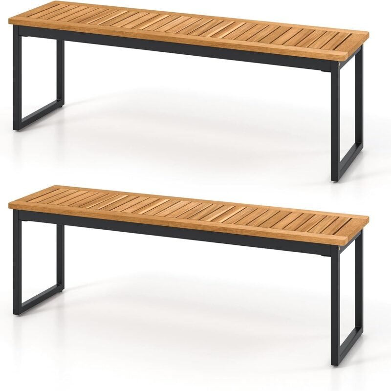Tangkula Patio Dining Bench Set of 2, 2-3-person Backless Bench with Slatted Seat & Metal Legs, Indoor Outdoor Bench for Entryway, Front Porch, Garden, Poolside, Farmhouse Kitchen Dining Seat