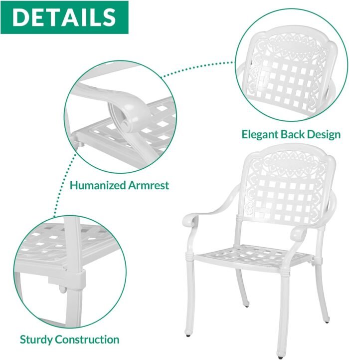 VIVIJASON 7-Piece Patio Furniture Dining Set, All-Weather Cast Aluminum Outdoor Conversation Set, Include 6 Chairs and a Rectangle Table with Umbrella Hole for Balcony Lawn Garden Backyard, White - Image 4