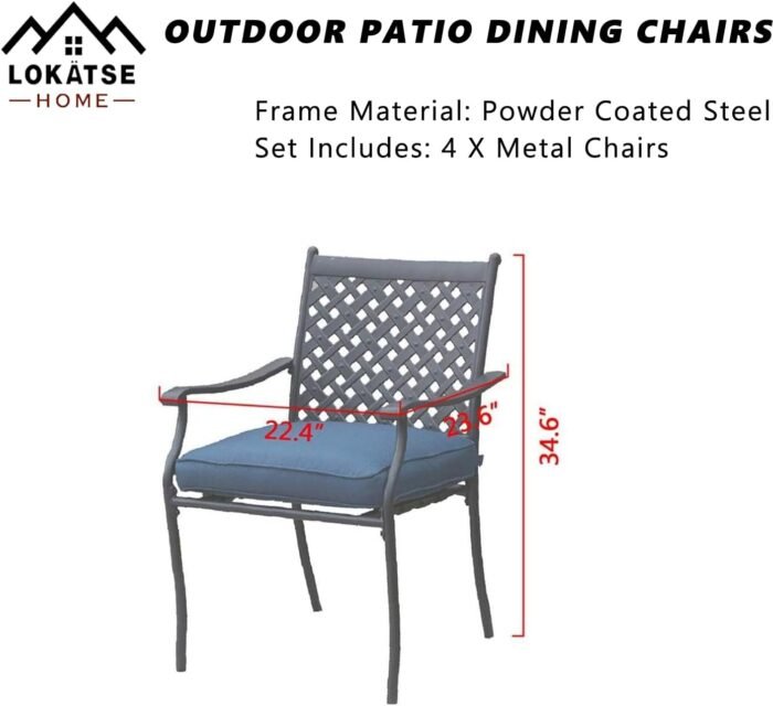 LOKATSE HOME 4 Piece Outdoor Dining Set - Wrought Iron Patio Metal Chairs with Armrest and Cushions for Garden Poolside Backyard, Blue - Image 3
