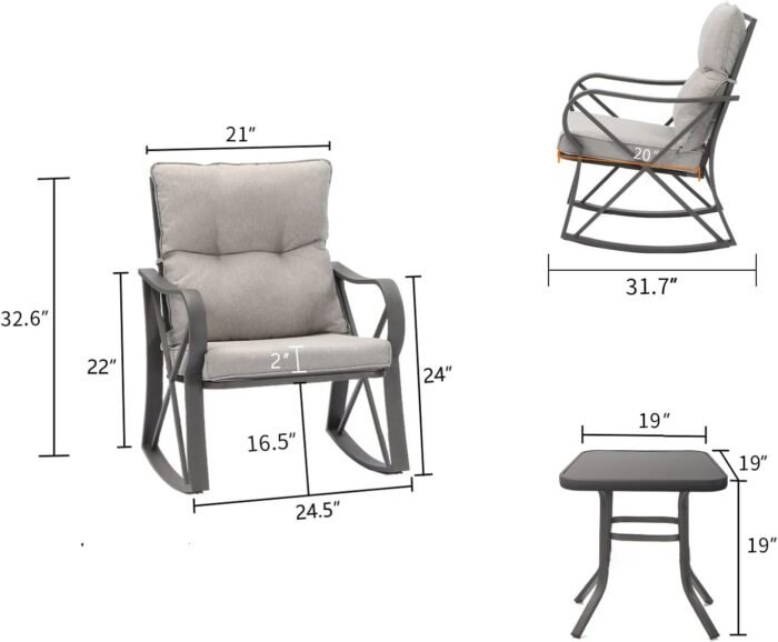 COSIEST 3 Piece Bistro Set Patio Rocking Chairs Outdoor Furniture w Warm Gray Cushions, Glass-Top Table for Garden, Pool, Backyard - Image 6