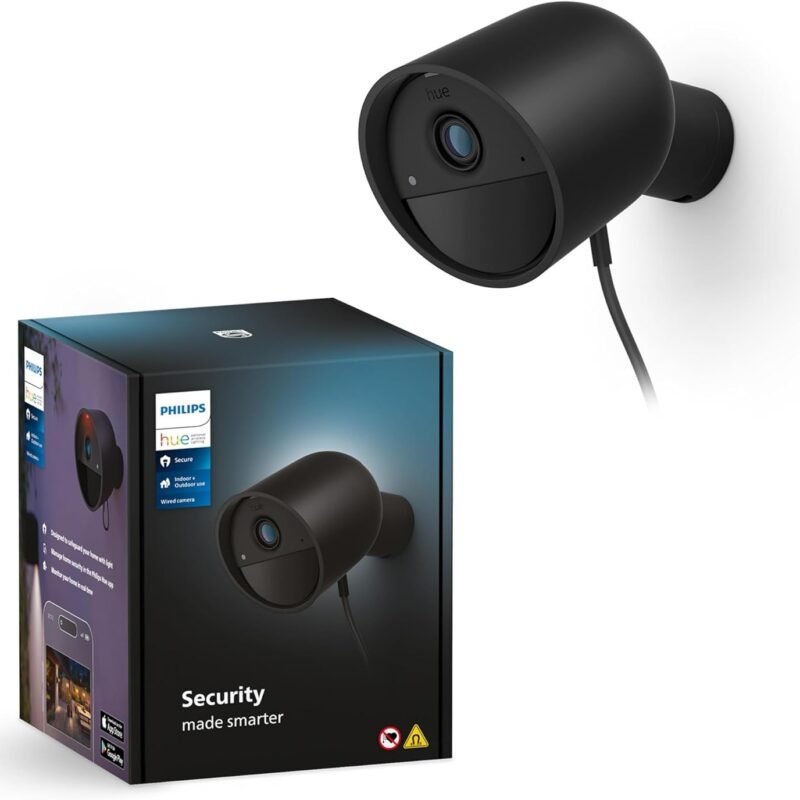 Philips Hue Secure Wired Smart Home Security Camera, Black - 1 Pack - 1080P HD Video - Night Vision - Motion Detection - Two-Way Talk - Indoor/Outdoor - Weatherproof - Works with Hue App