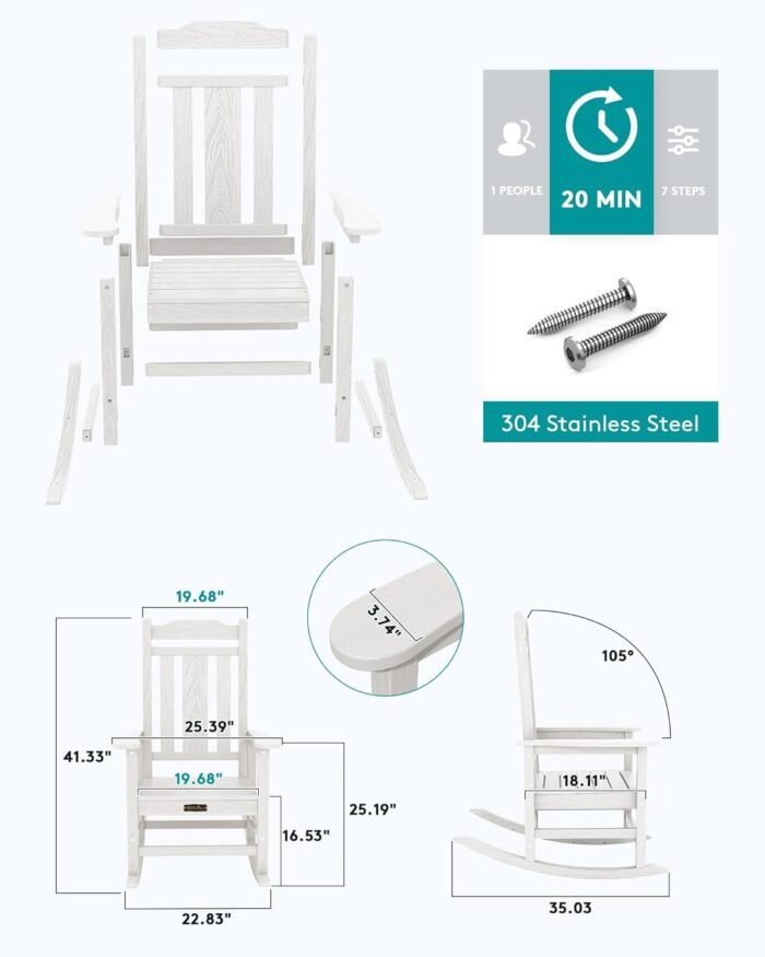 SERWALL White Outdoor Rocking Chair Set of 2, HDPE Outdoor Rocker - Image 6