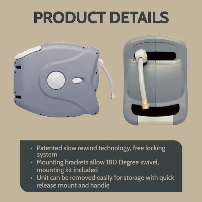 100ft Retractable Hose Reel 5/8 | Automatic Retractable Hose Reel w/Wall Mount | Easy to Assemble Water Hose Reel w/Flexible Swivel Mount | Retractable Garden Hose Reel (100ft. Dark Smoke) - Image 5