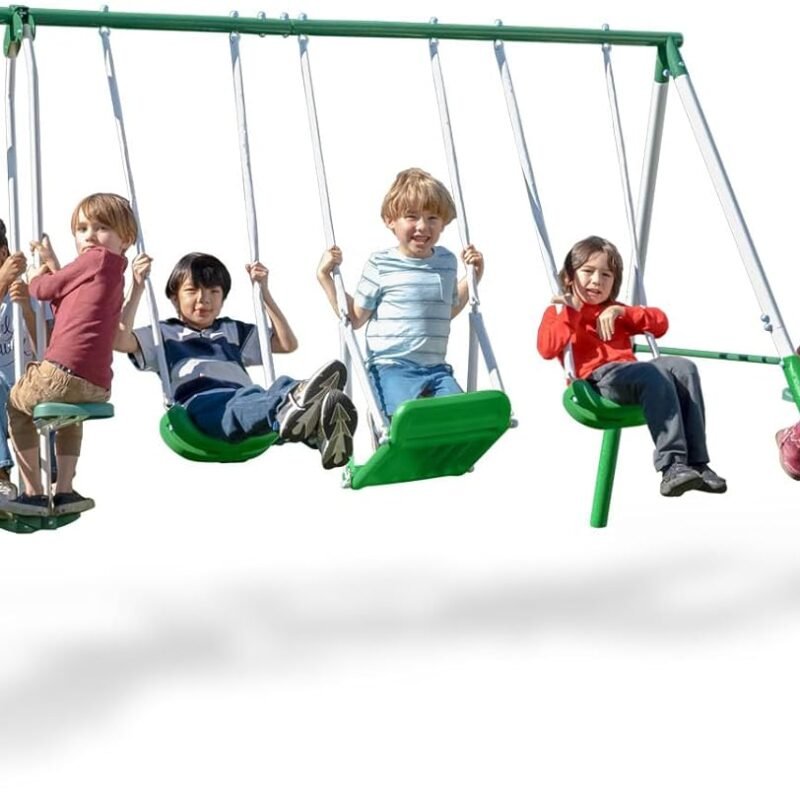 Sportspower Park Ridge Metal Swing Set: 2 Swings/Standing Swing, 2 Person Roman Glider Swing, Teeter Totter and 5' Wavy Slide, EXCEEDS ASTM Safety Standards *Bonus 4pc Anchor Kit