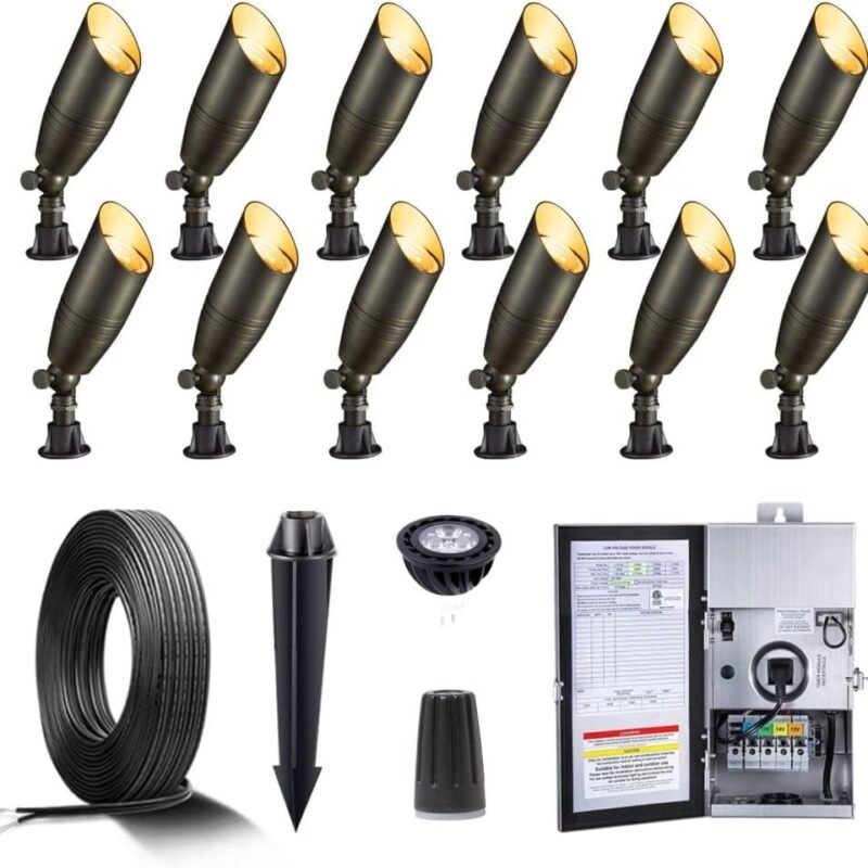 Solid Brass 12V LED Landscape Lighting Kit (12 Pack Spotlights) with 300W Low Voltage Transformer and Mechanical Timer and 250 Feet Wire and 50Pack Connectors for Outdoor Garden Patio