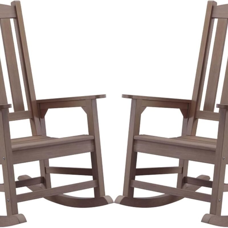 Psilvam Oversized Outdoor Rocking Chair Set of 2, Porch Rocker with 21" Wide Seat and 32" Tall Backrest, Pre-Assembled with Most Components for Effortless Installation (Brown)