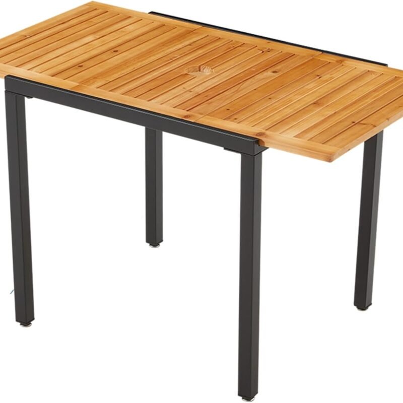 ECOTOUGE Expandable Outdoor Dining Tables,31"-47", Patio Rectangle Table with Umbrella Hole for 4-6 Person, Space-Saving Fir Wood Patio Furniture for Backyard, Garden, Natural