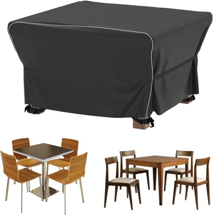 Velway Patio Furniture Set Cover - Heavy Duty 420D Waterproof Weatherproof Outdoor Dining Table and Chairs Furniture Set Cover with Reflective Tape Square 49"L x 49"W x 29"H - Black