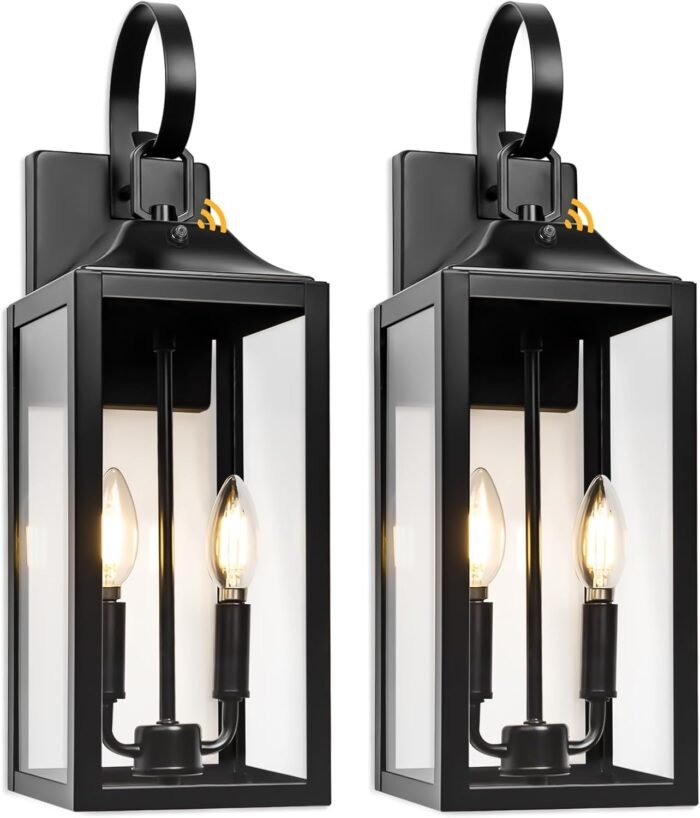 Black Dusk to Dawn Outdoor Wall Lantern 2-Light, 19" Large Outside Modern Wall Sconce Light Fixture, Industrial Porch Light Wall Mount with Glass, Waterproof Farmhouse Exterior Lamp Lighting, 2 Pack - Image 8